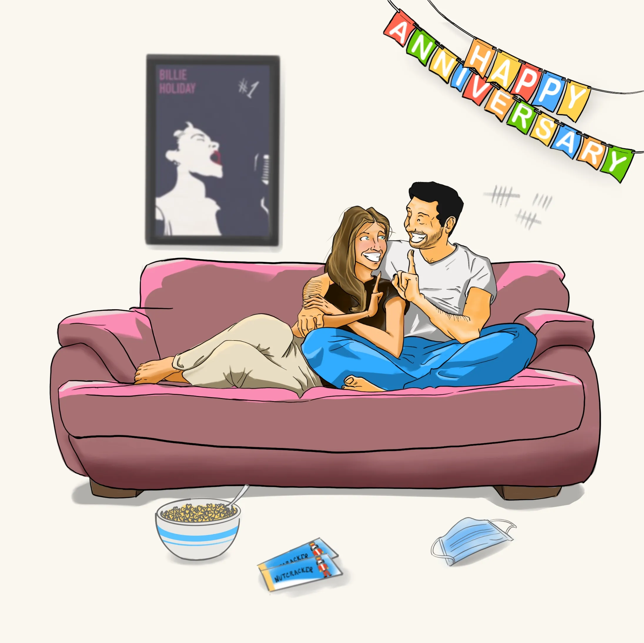 Illustration: the couple relaxing on a pink couch under a “Happy Anniversary” banner