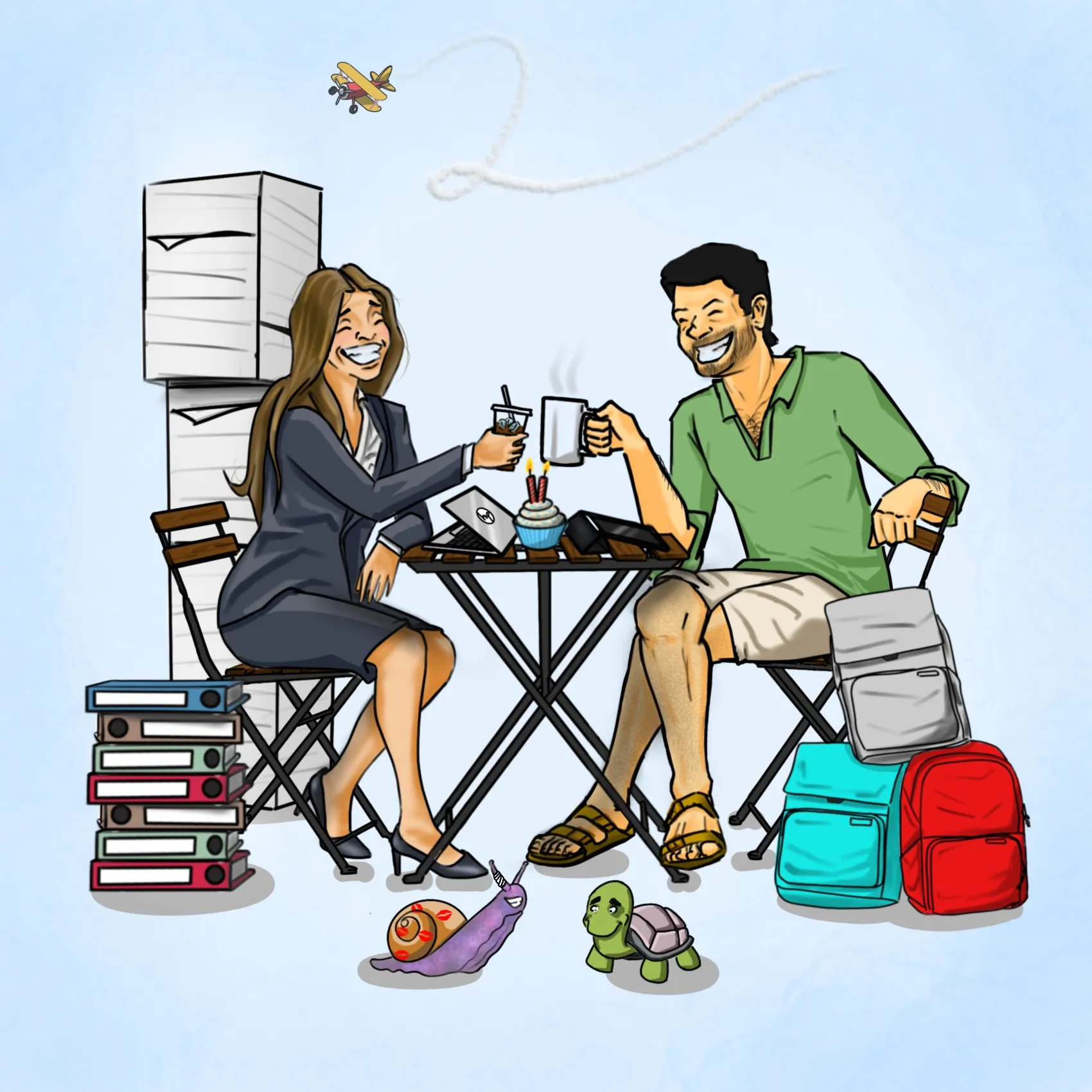 Illustration: the couple sharing coffee at a café table, surrounded by books and bags