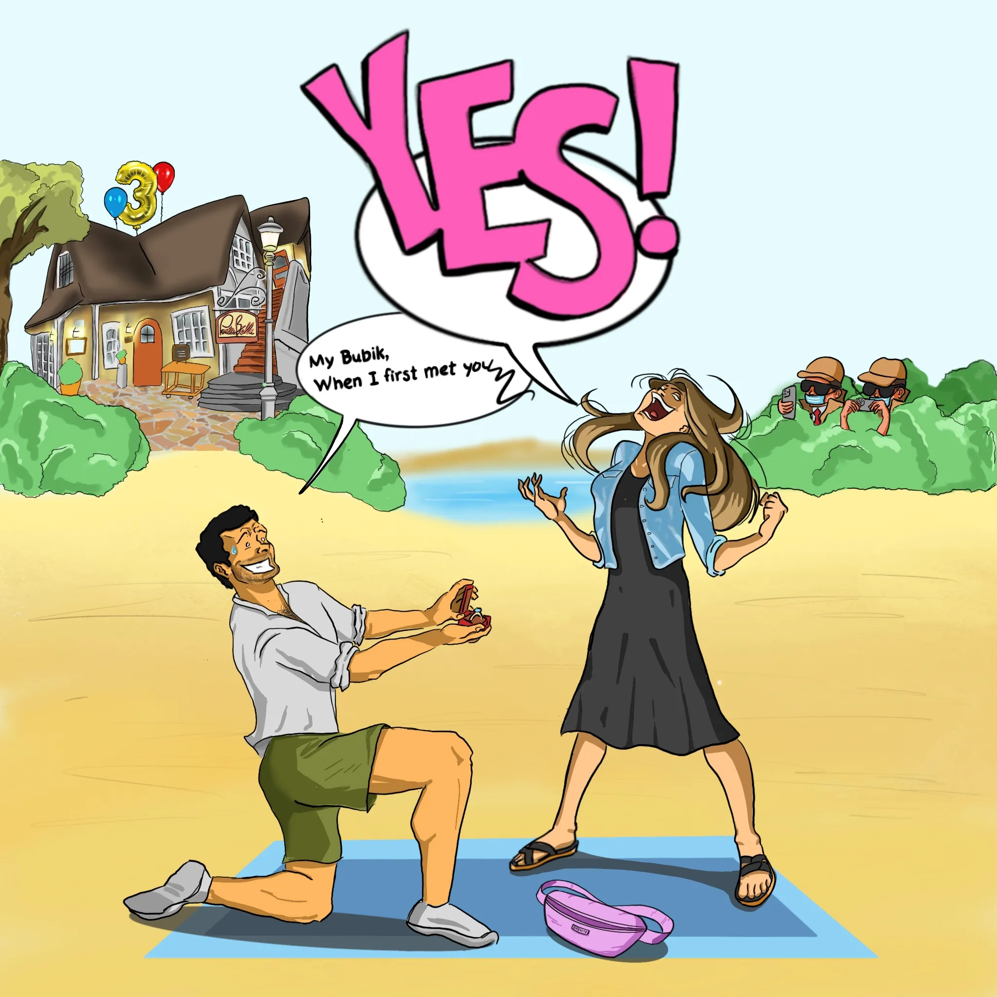 Illustration: a proposal on the beach, with a “YES!” speech bubble
