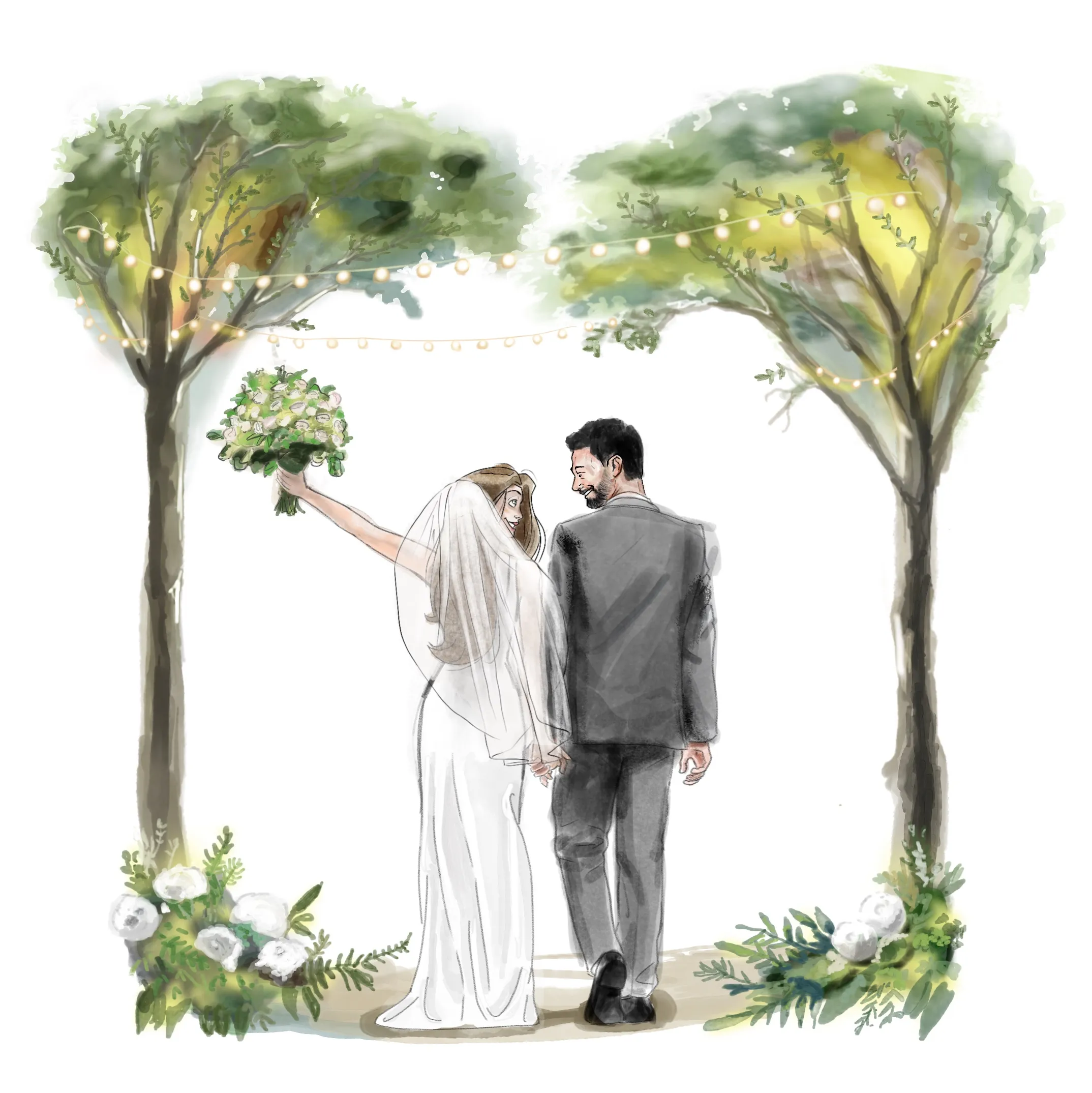 Illustration: the couple on their wedding day, walking between two trees